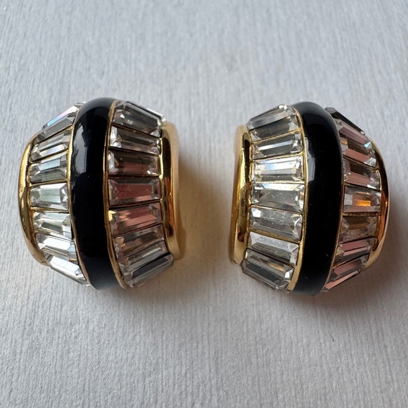 Christian Dior Crystal Baguette & Enamel Huggie Clip On Earrings Signed Vintage